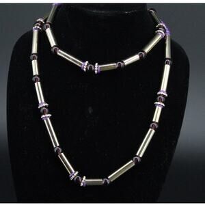 Coldwater Creek Necklace Purple Beads Rhinestone Goldplated Tubes 40" Long